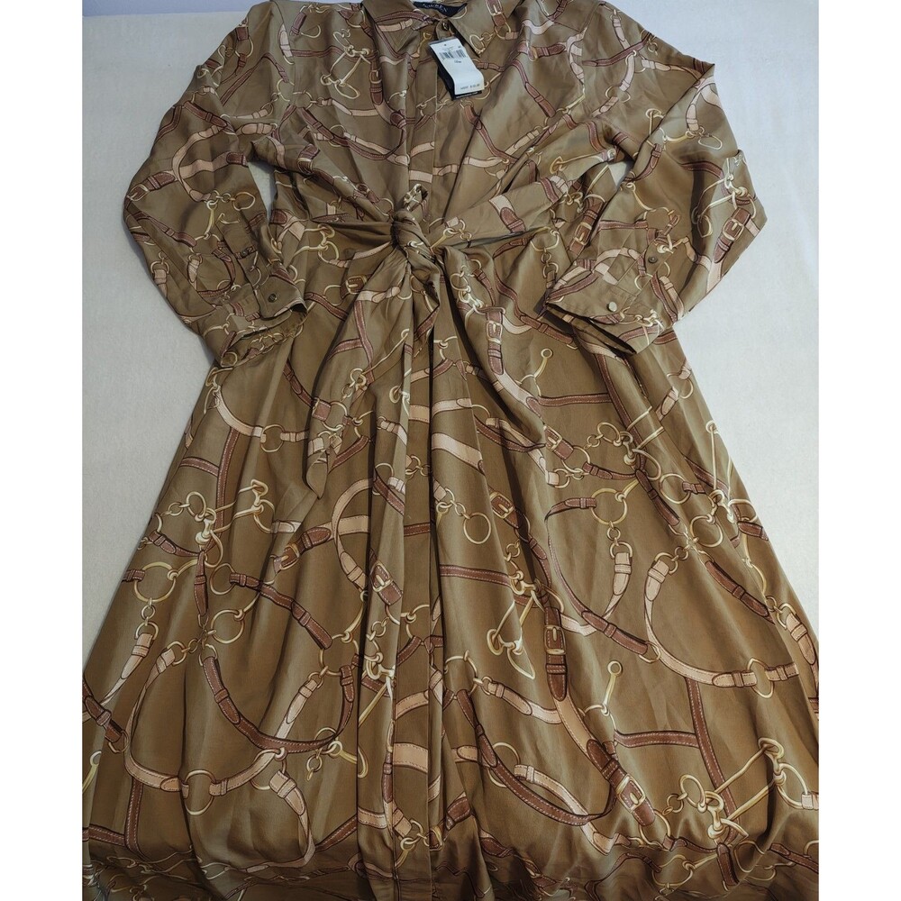 Ralph Lauren Shirt Dress Womens 16W Brown Tie Waist Button Front Belted